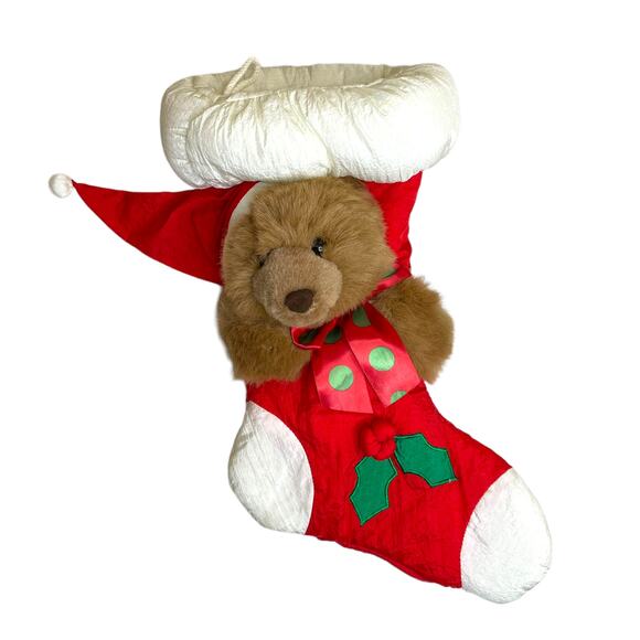 Christmas Stocking Vintage Puffy Parachute 3D Teddy Bear 80s 18" Holiday Decor - Picture 1 of 11